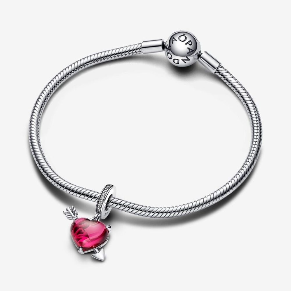 Red Heart & Arrow Murano Glass Dangle Charm - Picture 5 of 5
